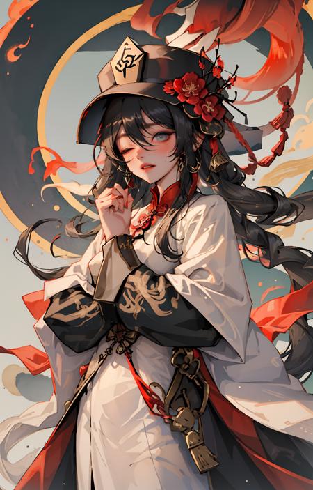 04748-3636787557-letterboxed,hu_tao__(genshin_impact_), 1girl, one_eye_closed, hat, black_hair, fire, blush, long_hair, long_sleeves, solo, red_f.png
